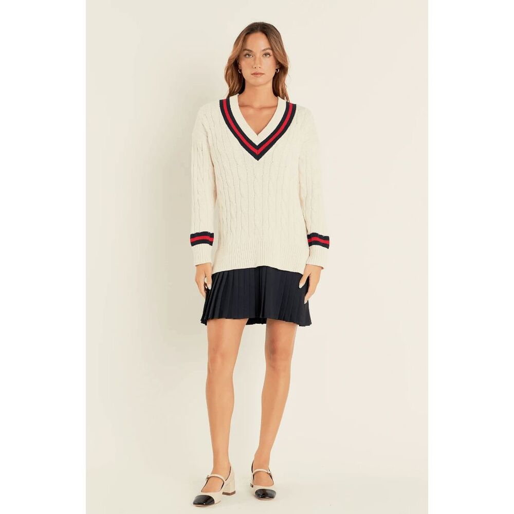 English Factory Ivory Cable Knit Pleated Mini Sweater Dress Women's Size Large